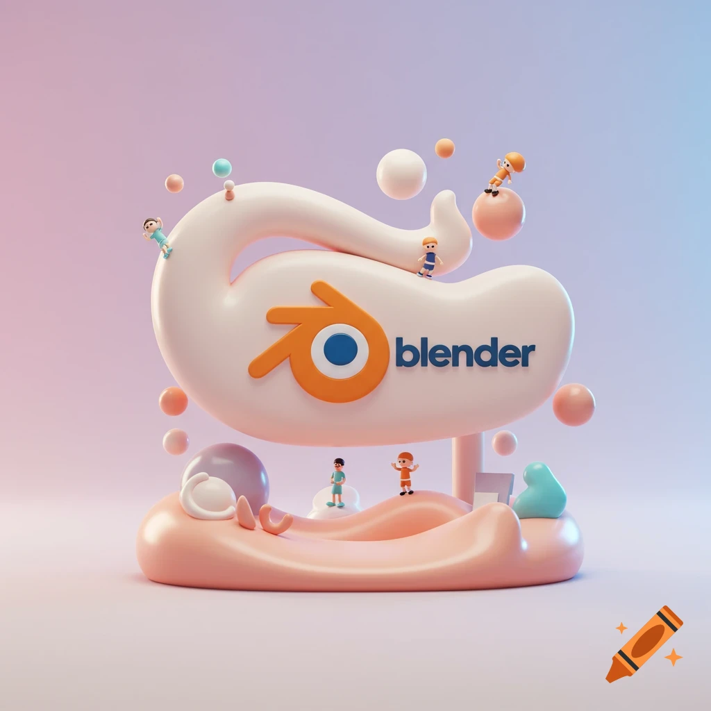A playful 3D rendered Blender logo with small cartoon figures interacting with its curvy shapes on a pastel background.