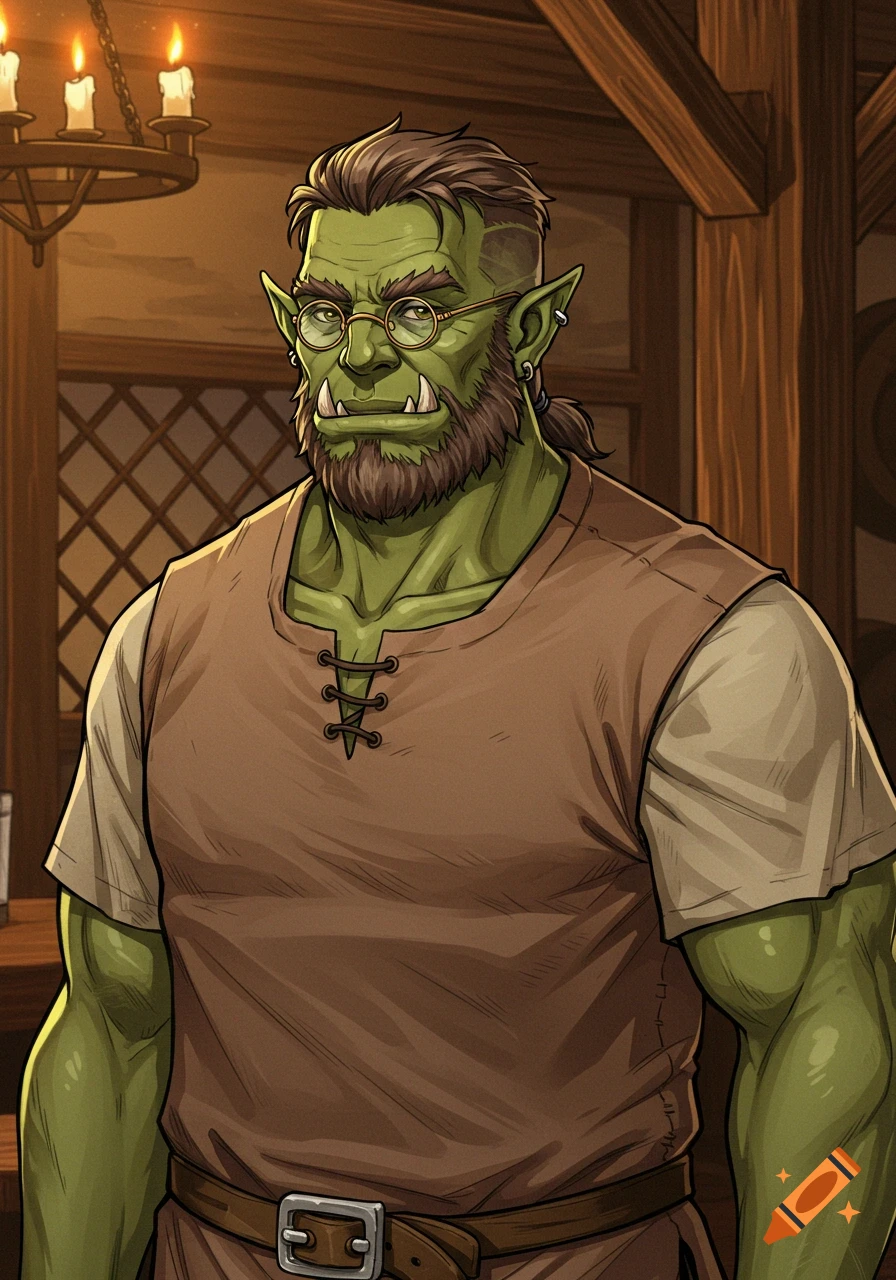 Manga-style drawing of a green-skinned half-orc man with a beard and spectacles in a warm, dimly lit tavern.