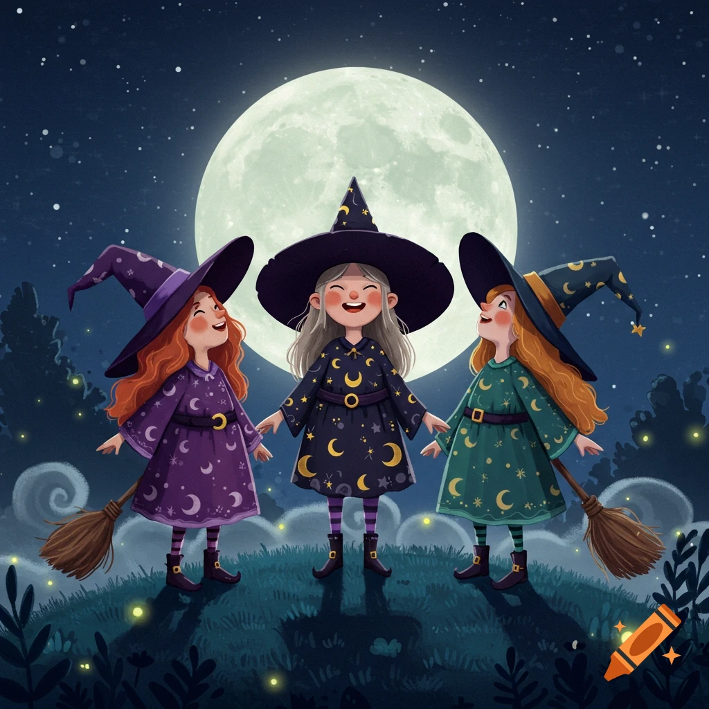 Three smiling cartoon witches, wearing hats and moon-patterned dresses, holding hands under a large full moon at night, with brooms.