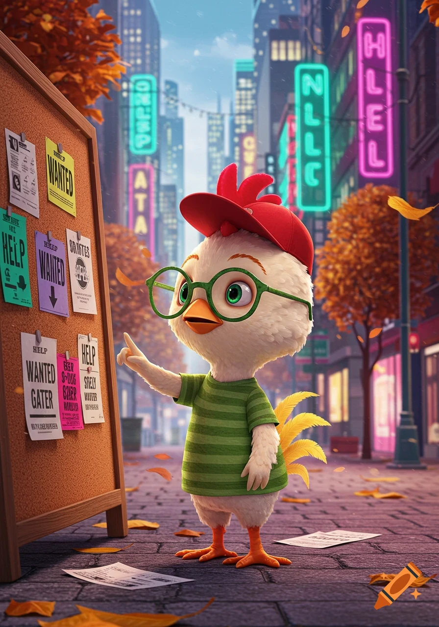 A cartoon chicken wearing glasses and a red cap points at a job board on an autumn city street with neon signs.
