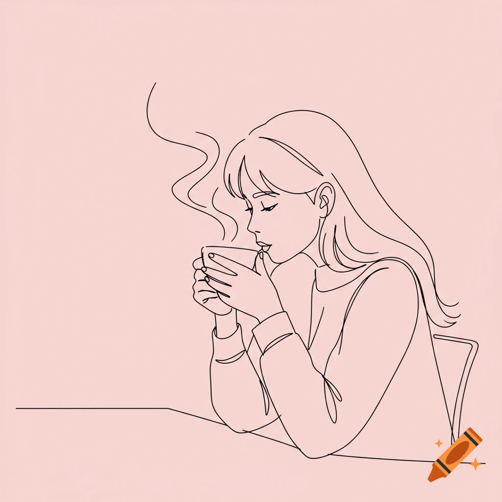 Line art illustration of a girl with long hair drinking coffee from a mug, with steam rising, on a pink background.
