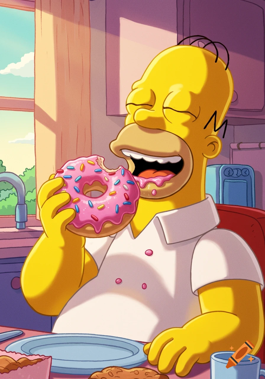 Homer Simpson happily devouring a pink donut with sprinkles in a colorful cartoon style.