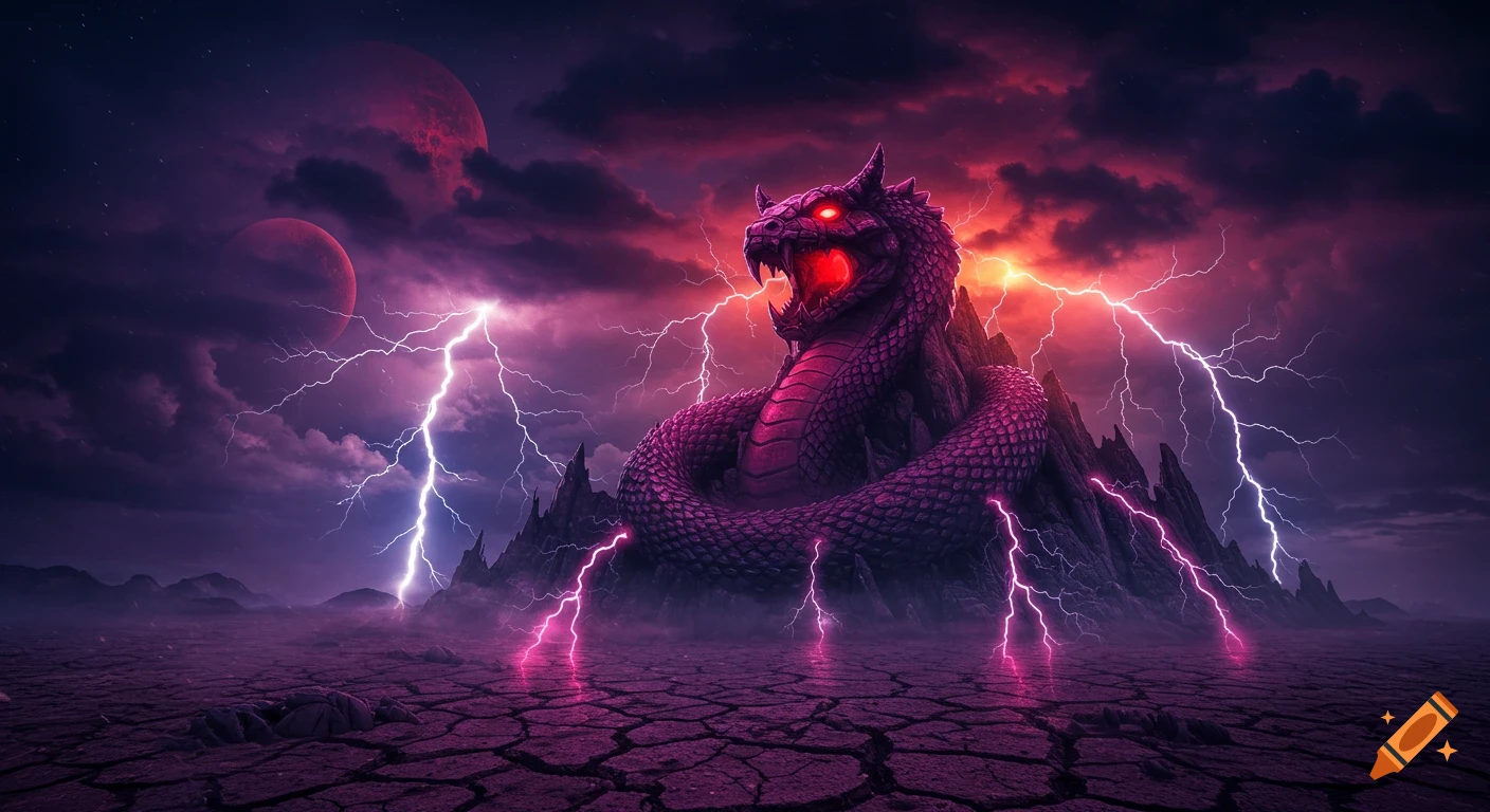 A massive serpent mountain with glowing red eyes and mouth in a stormy purple and red fantasy landscape with lightning, two alien moons, and cracked ground.