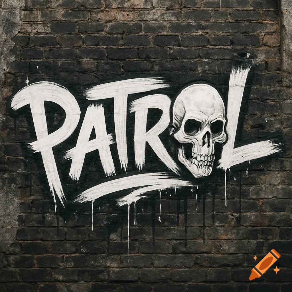 Graffiti art spelling "PATROL" with a skull replacing the 'O', painted in white with drips on a dark brick wall.