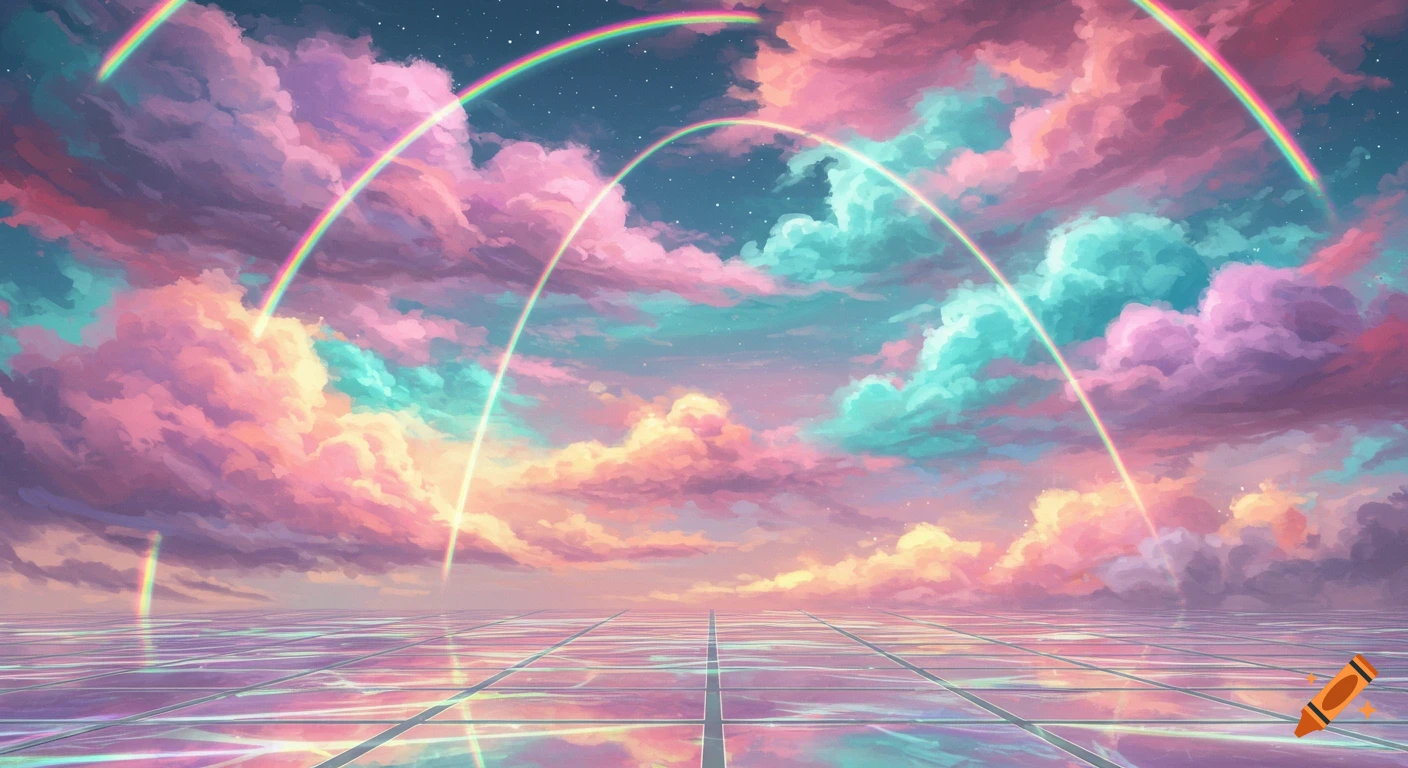 A vibrant, dreamlike sky with pink, purple, and teal clouds, multiple glowing rainbows arching over a reflective, tiled floor.