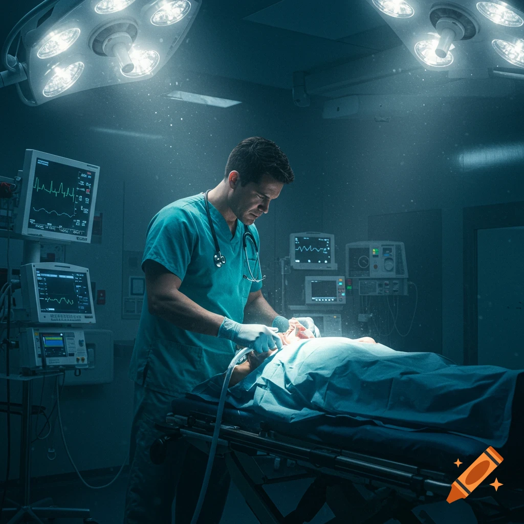 A male doctor in surgical scrubs and gloves performs a procedure on a patient under bright lights in a photorealistic operating room.