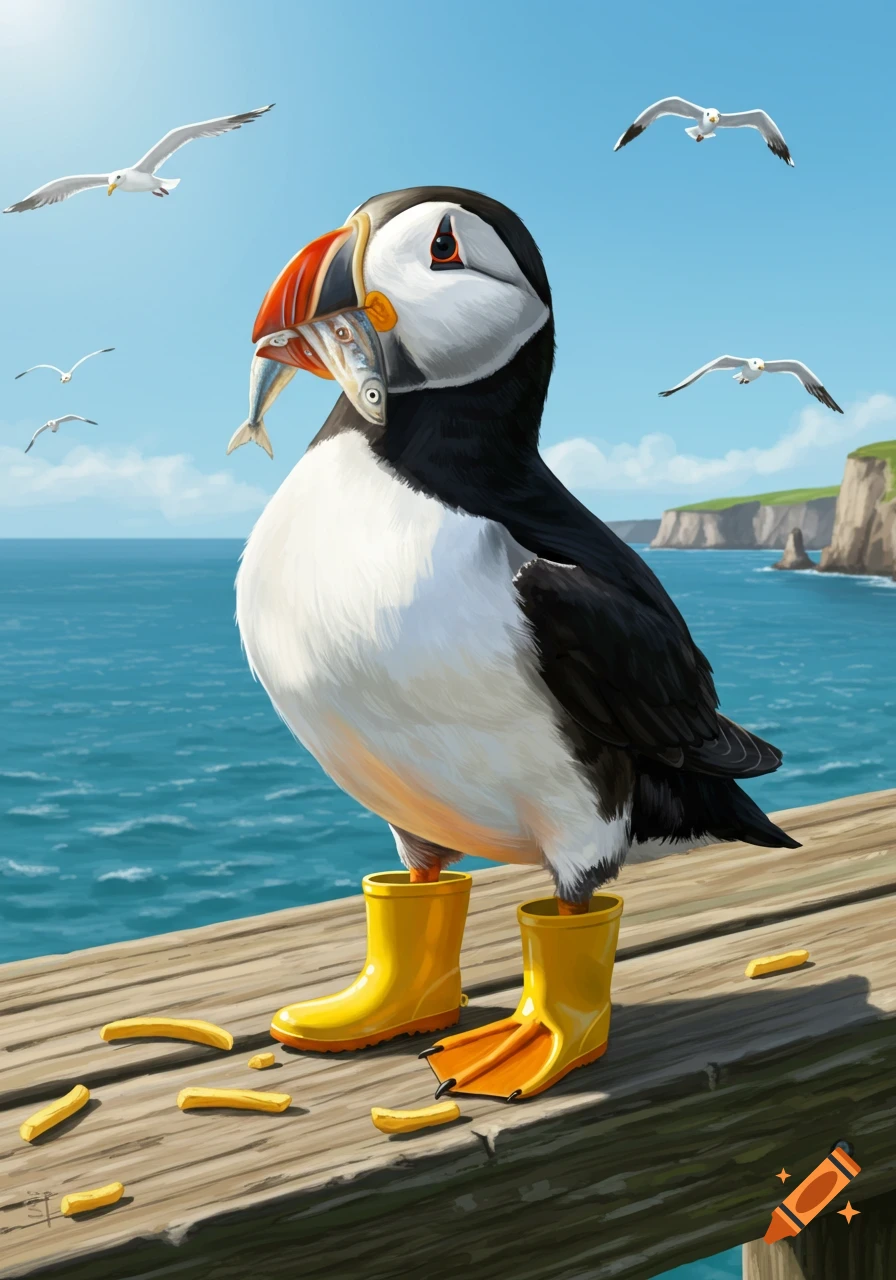 A cartoon Atlantic puffin in yellow wellington boots stands on a pier, holding fish in its beak with fries scattered around, against a blue ocean and sky.