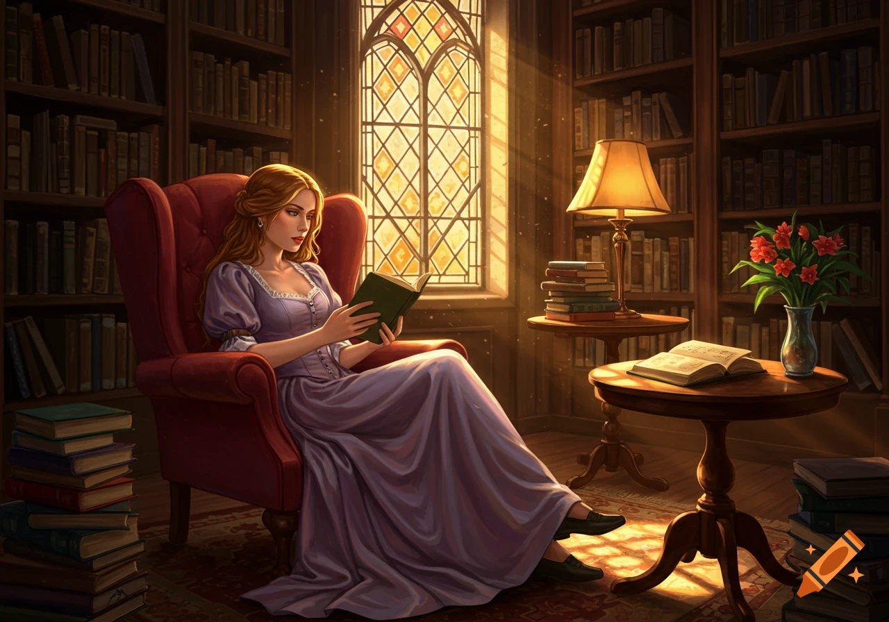 A woman in a purple dress reads a book in a grand, sunlit library with tall bookshelves, a stained glass window, and warm lighting.