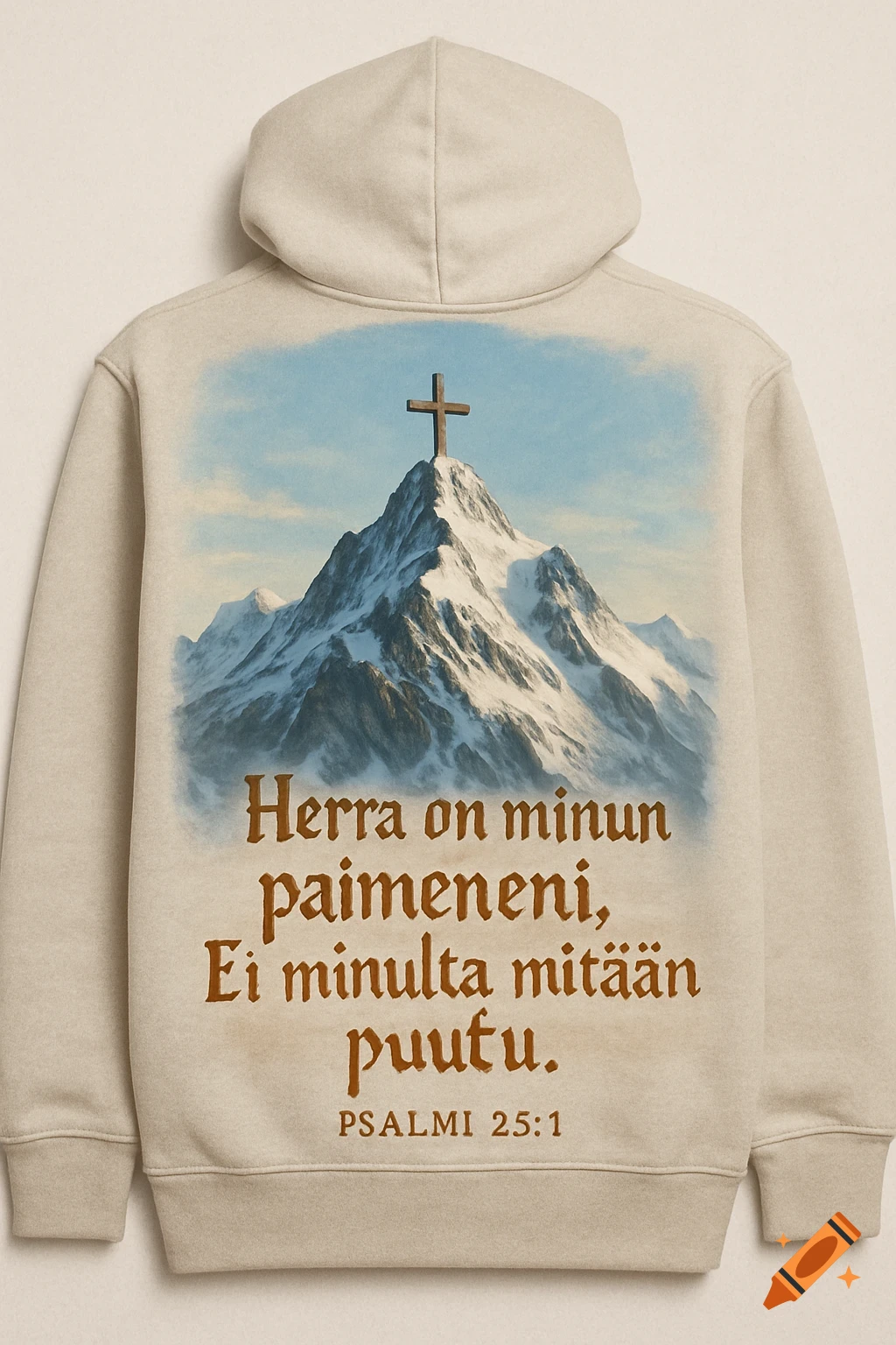 A beige hoodie featuring a print of a snowy mountain peak with a wooden cross on top, and Finnish religious text below.