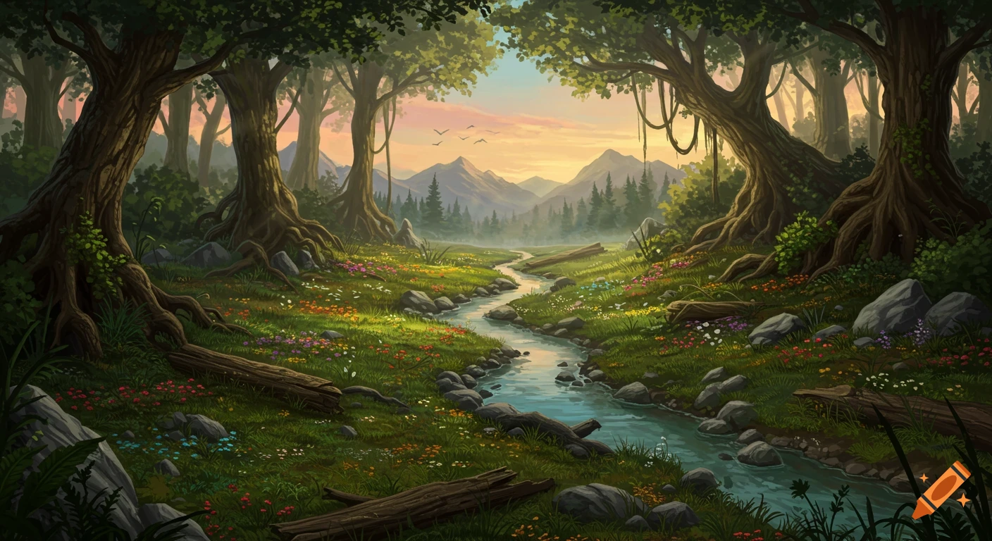 A vibrant fantasy landscape depicting a winding stream through a meadow of wildflowers, flanked by ancient trees under a sunset sky.