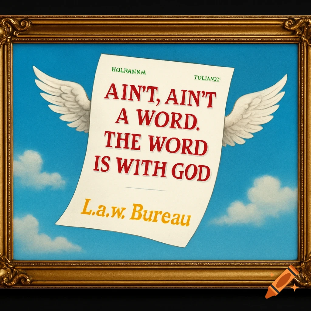 A white piece of paper with angel wings, inscribed with a quote and a law bureau name, floats against a blue sky with clouds, all encased in a ornate gold picture frame.