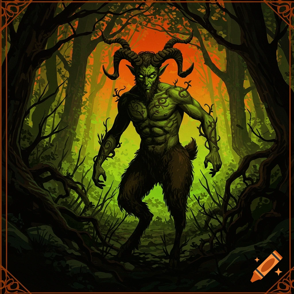 A green, horned Pan-like creature with goat legs stands in a stylized dark forest, in a German Expressionist style.
