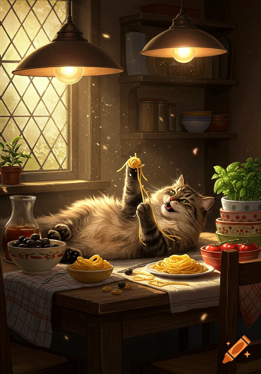A fluffy tabby cat reclines on a rustic kitchen table, playfully batting at spaghetti strands with bowls of food. Detailed illustration.