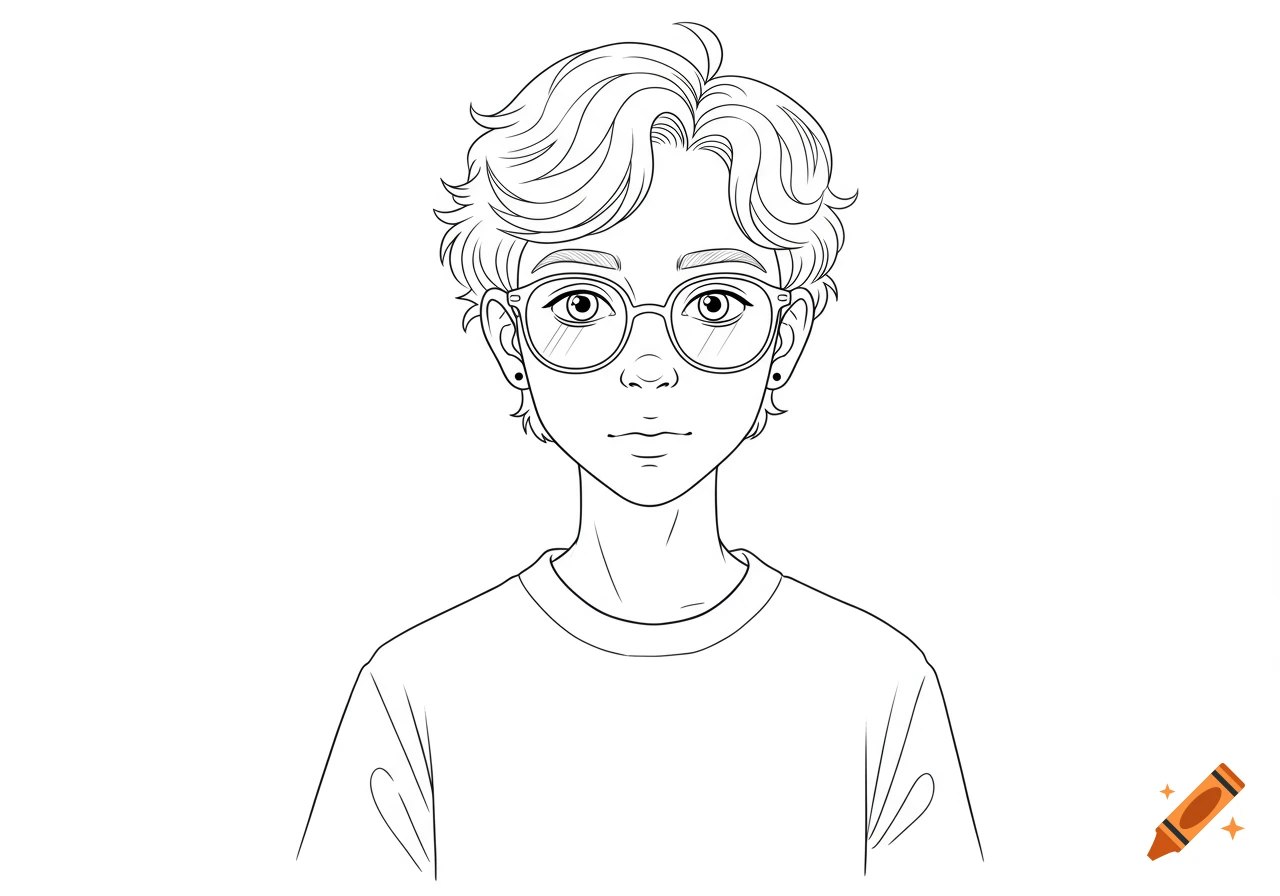 Line art portrait of a boy with wavy short hair, glasses, and a middle part.