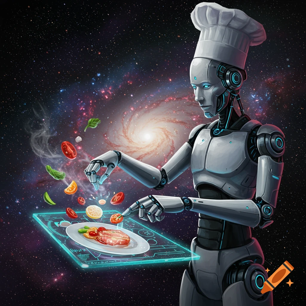 A robot chef wearing a toque hat prepares a meal using a holographic interface, with ingredients floating in space against a galaxy.