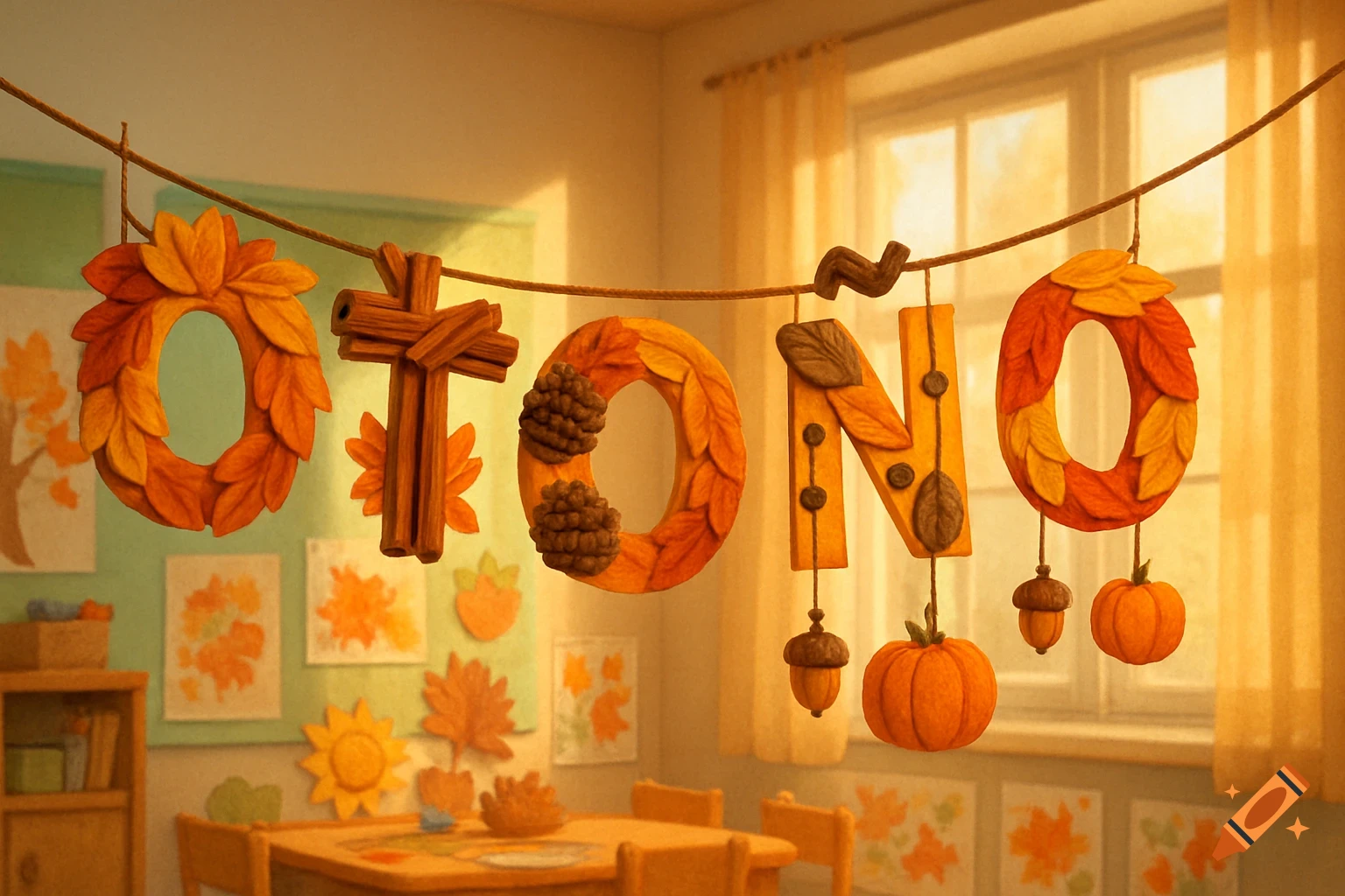 Autumn garland spelling 'OTOÑO' made of leaves and wood, with pumpkins and acorns, in a sunlit classroom.