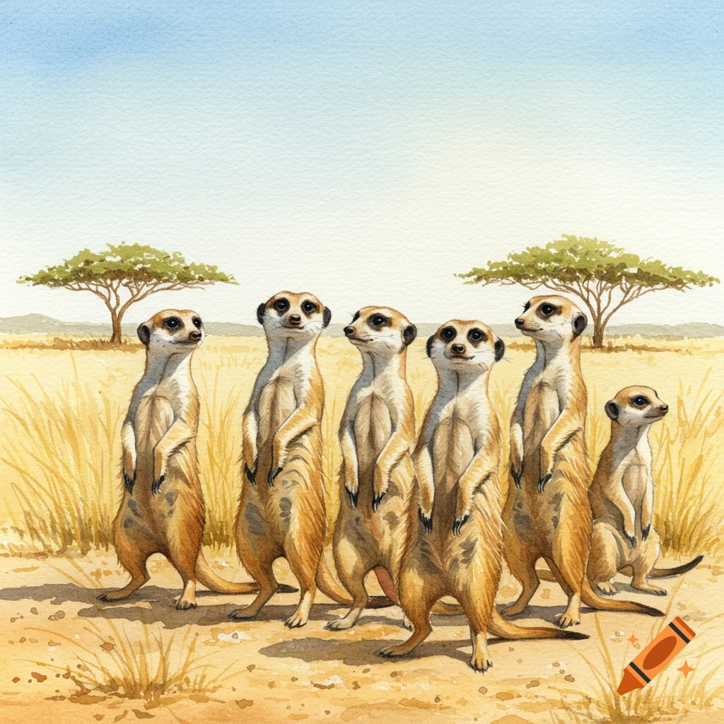 Watercolor painting of six meerkats standing upright in a savanna with acacia trees under a clear sky.