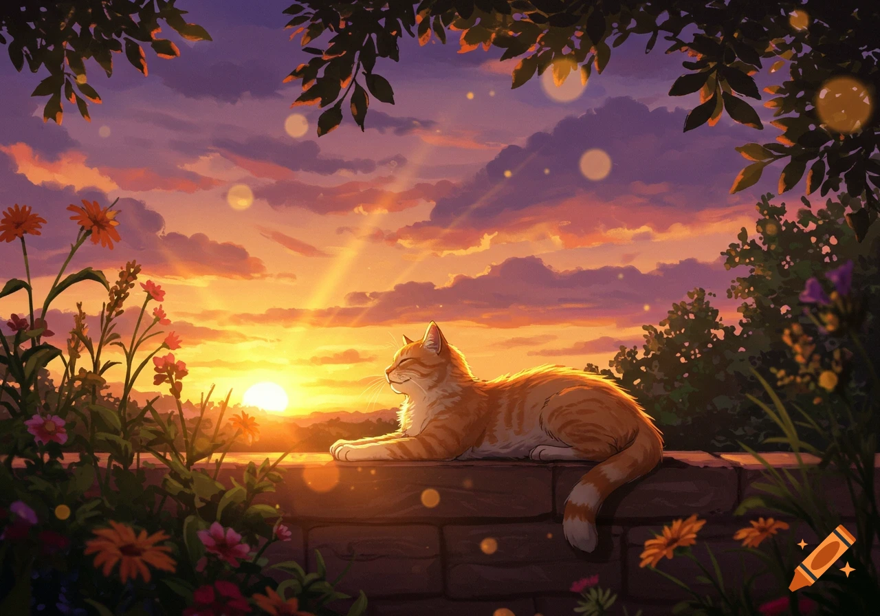 An orange tabby cat sunbathes on a brick wall at sunset, surrounded by vibrant flowers and foliage in an illustrative style.