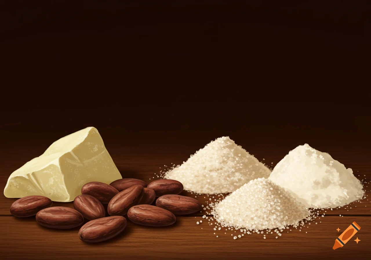 A block of cocoa butter, a pile of cocoa beans, and three piles of white granular substances (sugar, milk powder) on a wooden surface.