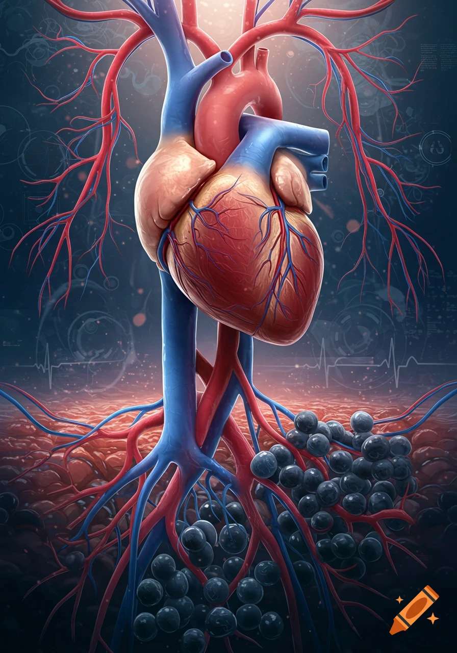 A detailed anatomical illustration of a human heart with red arteries and blue veins, extending to dark spheres against a dark medical background.