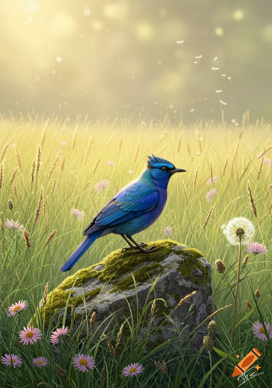 A blue bird with a crest sits on a mossy rock in a sunlit field with tall golden grass and small pink flowers, with dandelion seeds floating in the air.