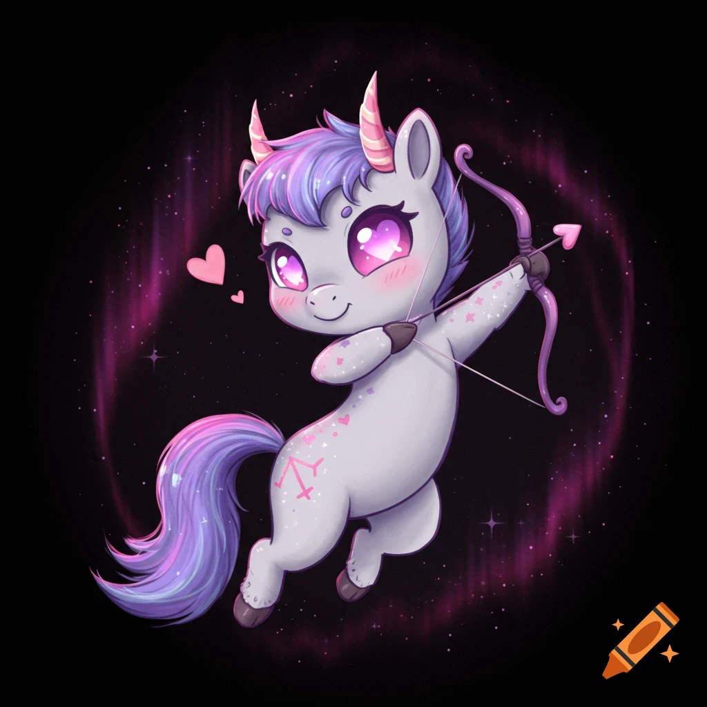 A cute, chibi purple and white unicorn-like Sagittarius monster with pink horns, glowing eyes, holding a heart-tipped bow and arrow, against a dark, starry background.