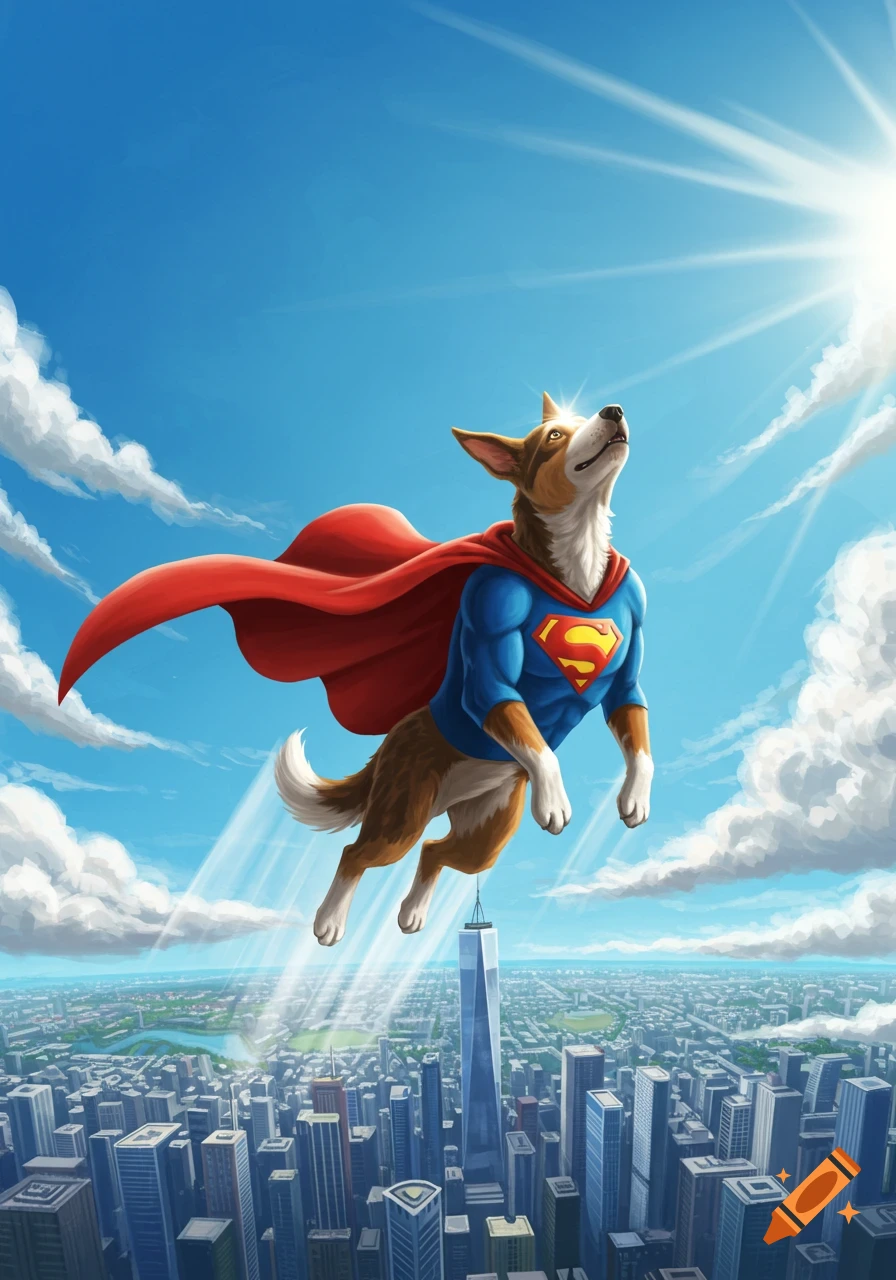 A cartoon dog in a Superman costume and red cape flies over a city, looking up at the sun.