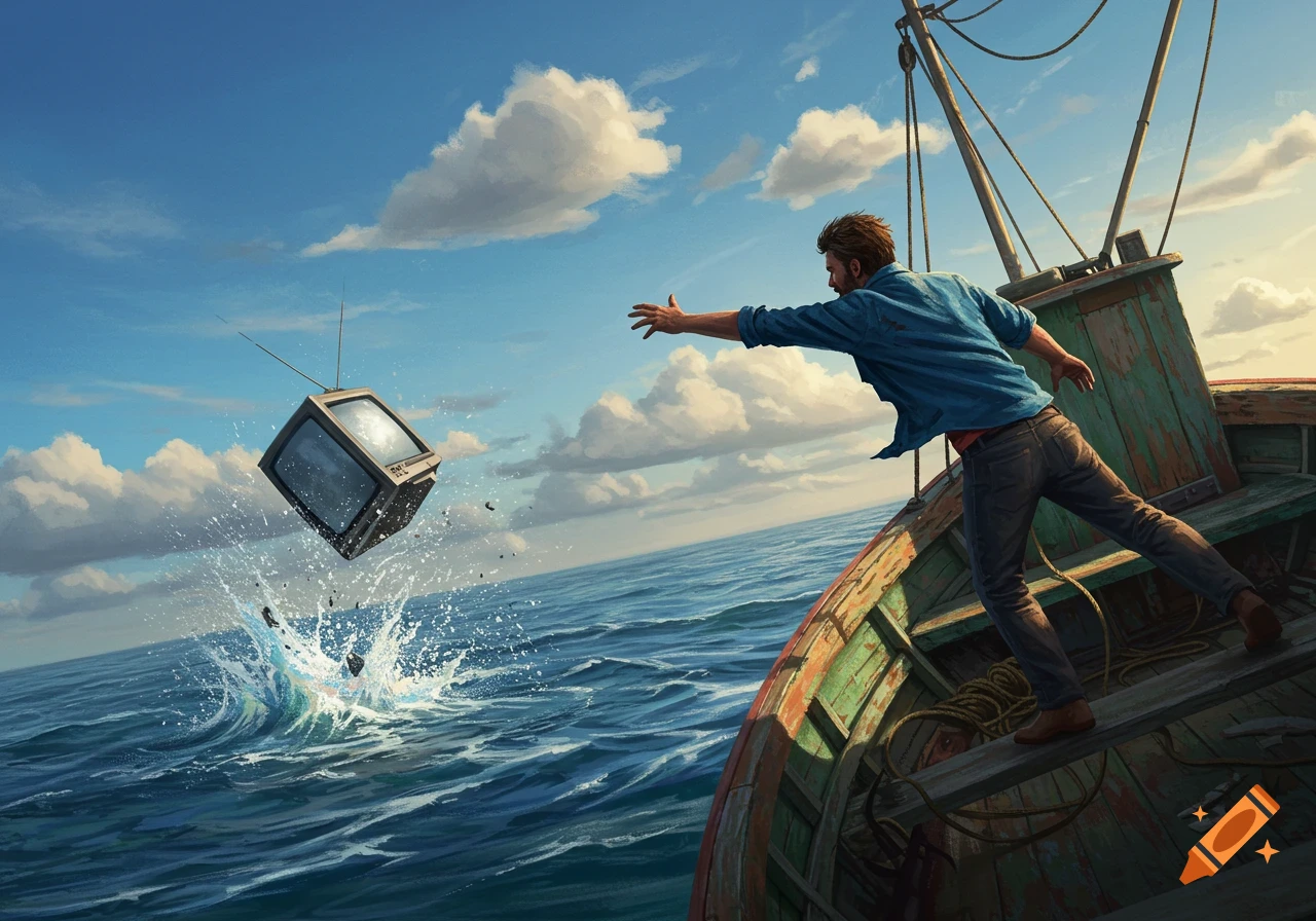 A man on a rustic boat throws a vintage TV into the blue ocean, creating a splash. Illustrated art style.