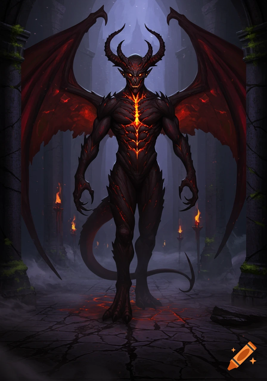 A dark, horned demon with large red wings and glowing chest cracks stands in a ruined, misty temple.