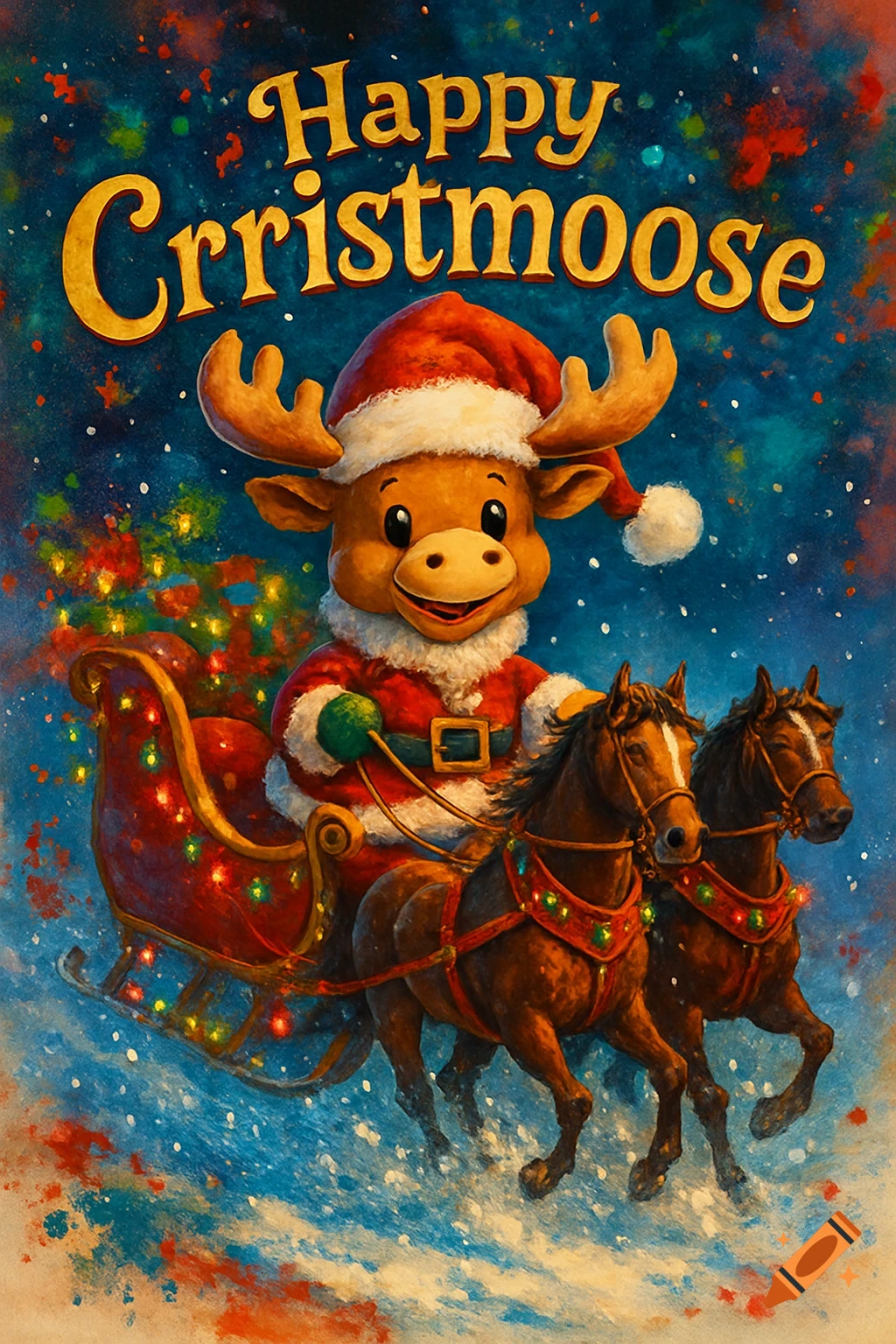 A cute cartoon Santa moose drives a sleigh pulled by two horses, with 'Happy Crristmoose' text, in a snowy, starry night.