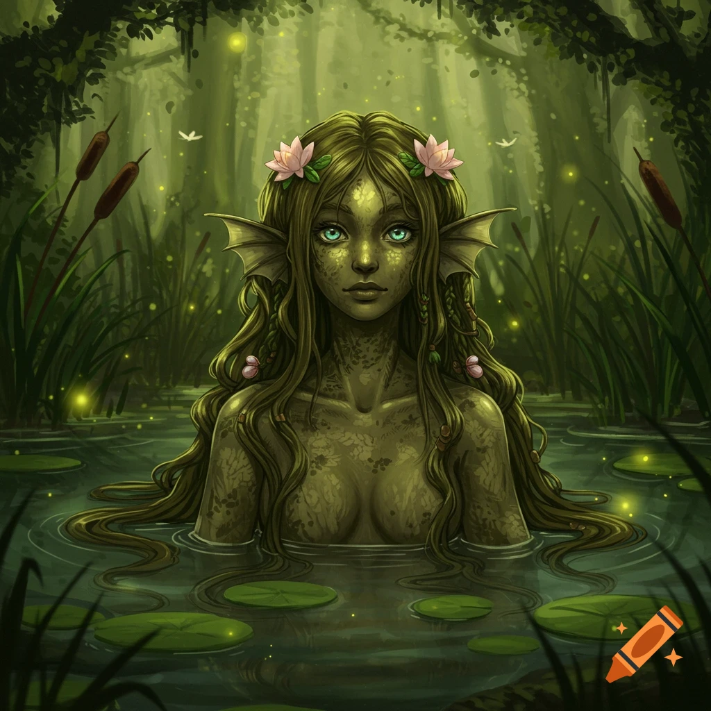 A green-skinned kelpie monster girl with glowing eyes and lily pad flowers, half-submerged in a dark swamp.
