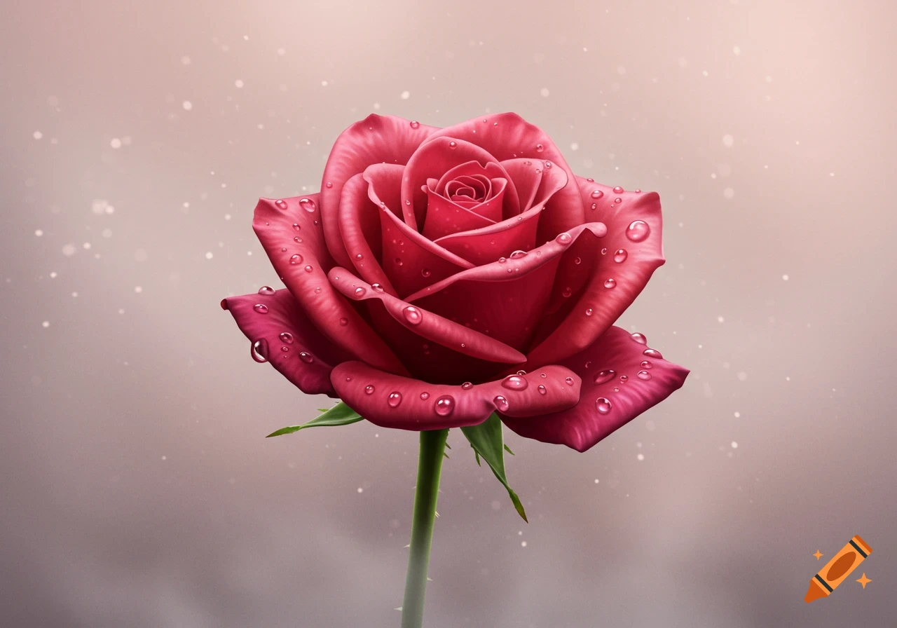 A vibrant red rose covered in glistening water droplets against a soft, light background.