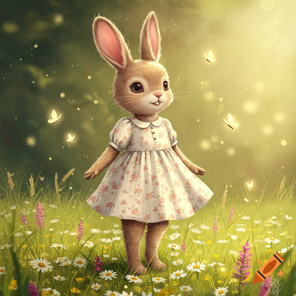 A cute anthropomorphic bunny in a floral dress stands in a sunny field of wildflowers with butterflies.