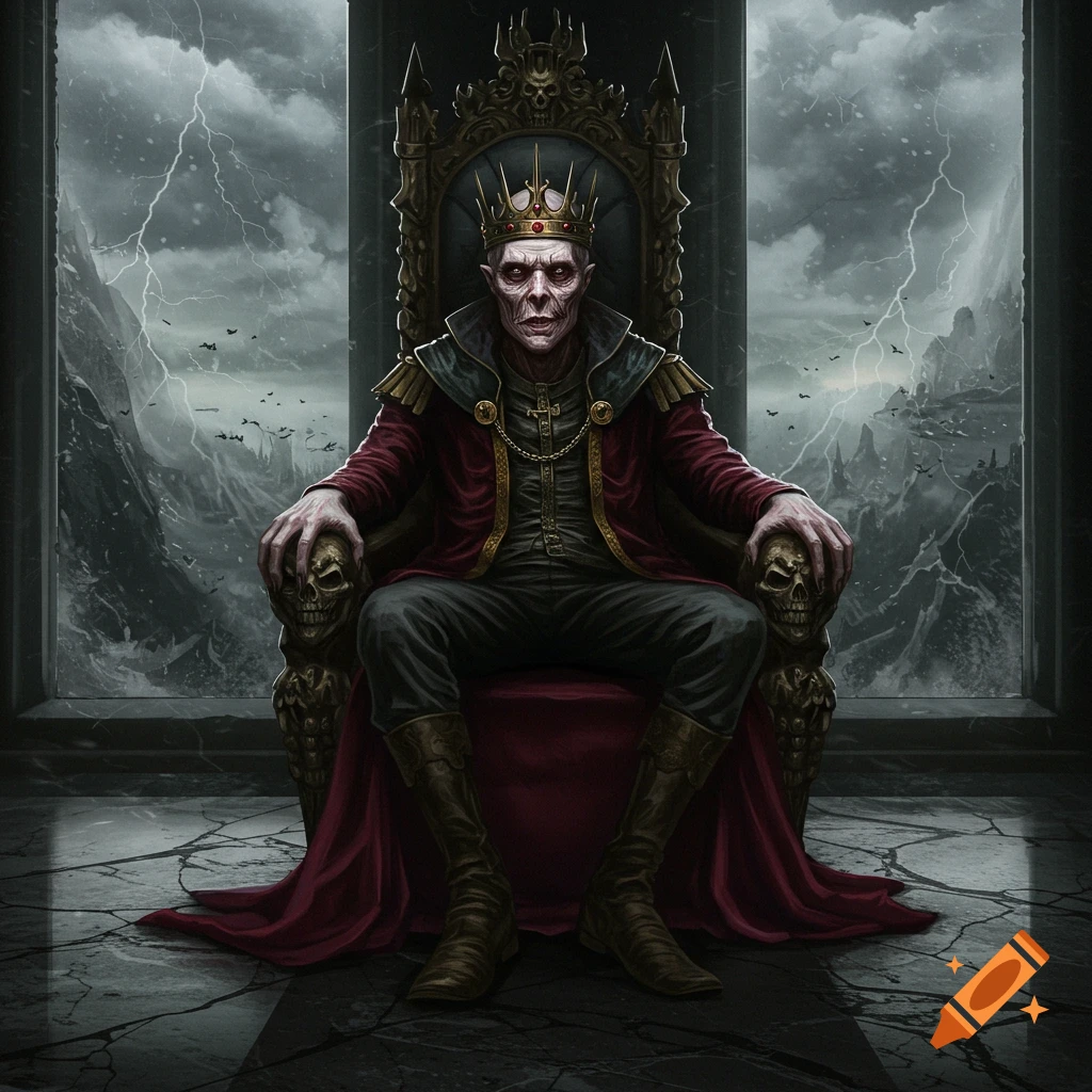 A pale, gaunt, crown-wearing king with a red cloak sits on a skull-adorned throne in a dark castle, a lightning storm raging outside.