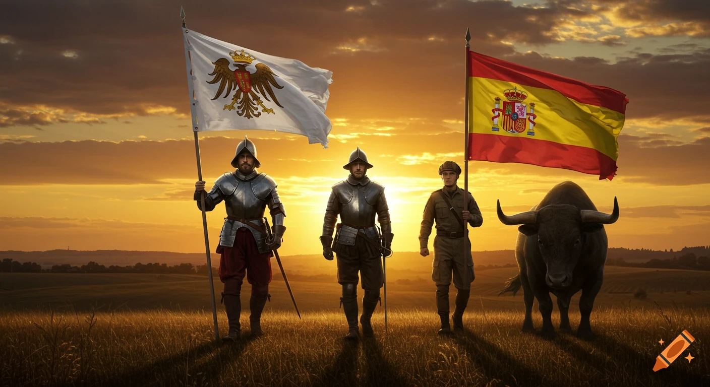 A Spanish conquistador, a modern Spanish soldier, and a bull stand in a field at sunset, holding flags. Photorealistic style.
