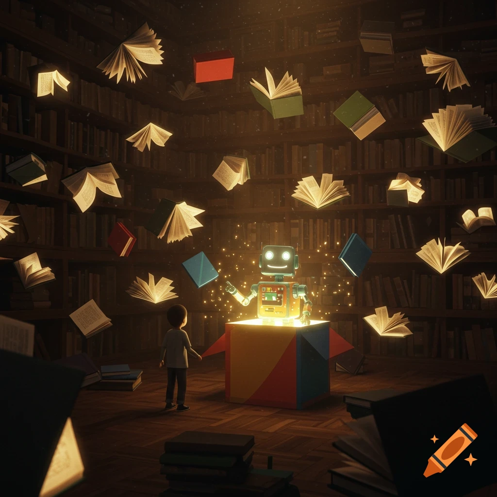 A young boy watches a friendly robot emerging from a colorful box, surrounded by glowing, floating books in a magical library.