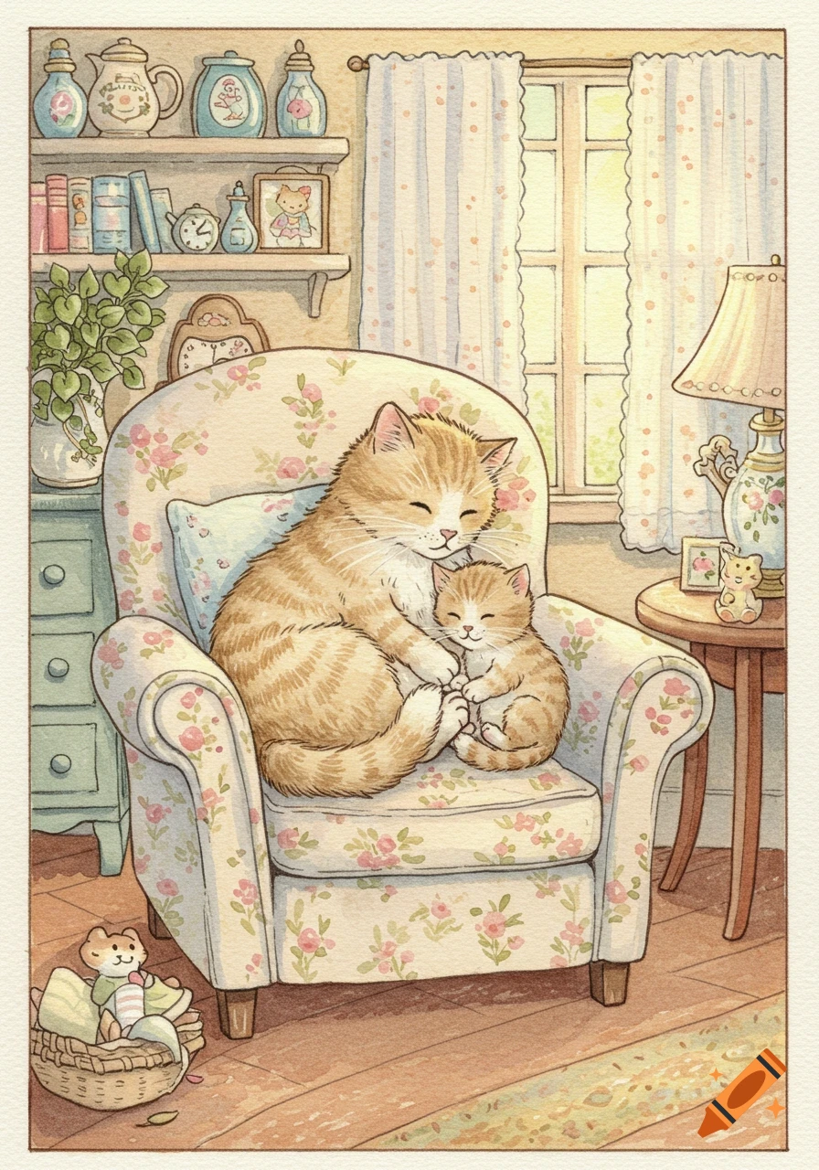 A heartwarming watercolor illustration of a mother cat and her kitten snuggled in a floral armchair in a cozy, sunlit room.