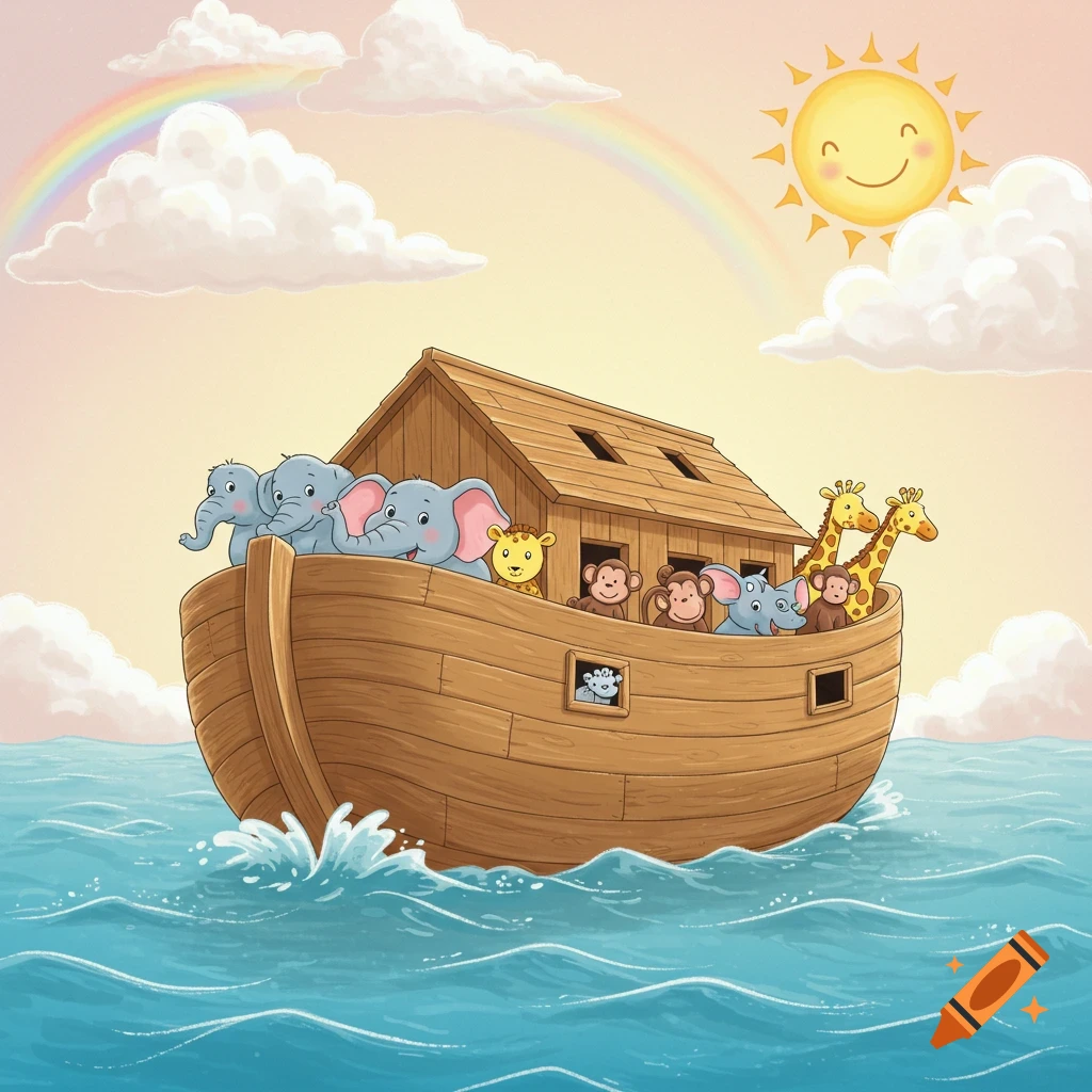 Cartoon Noah's Ark with pairs of elephants, giraffes, monkeys, and other animals sailing on a wavy blue sea under a rainbow and smiling sun.