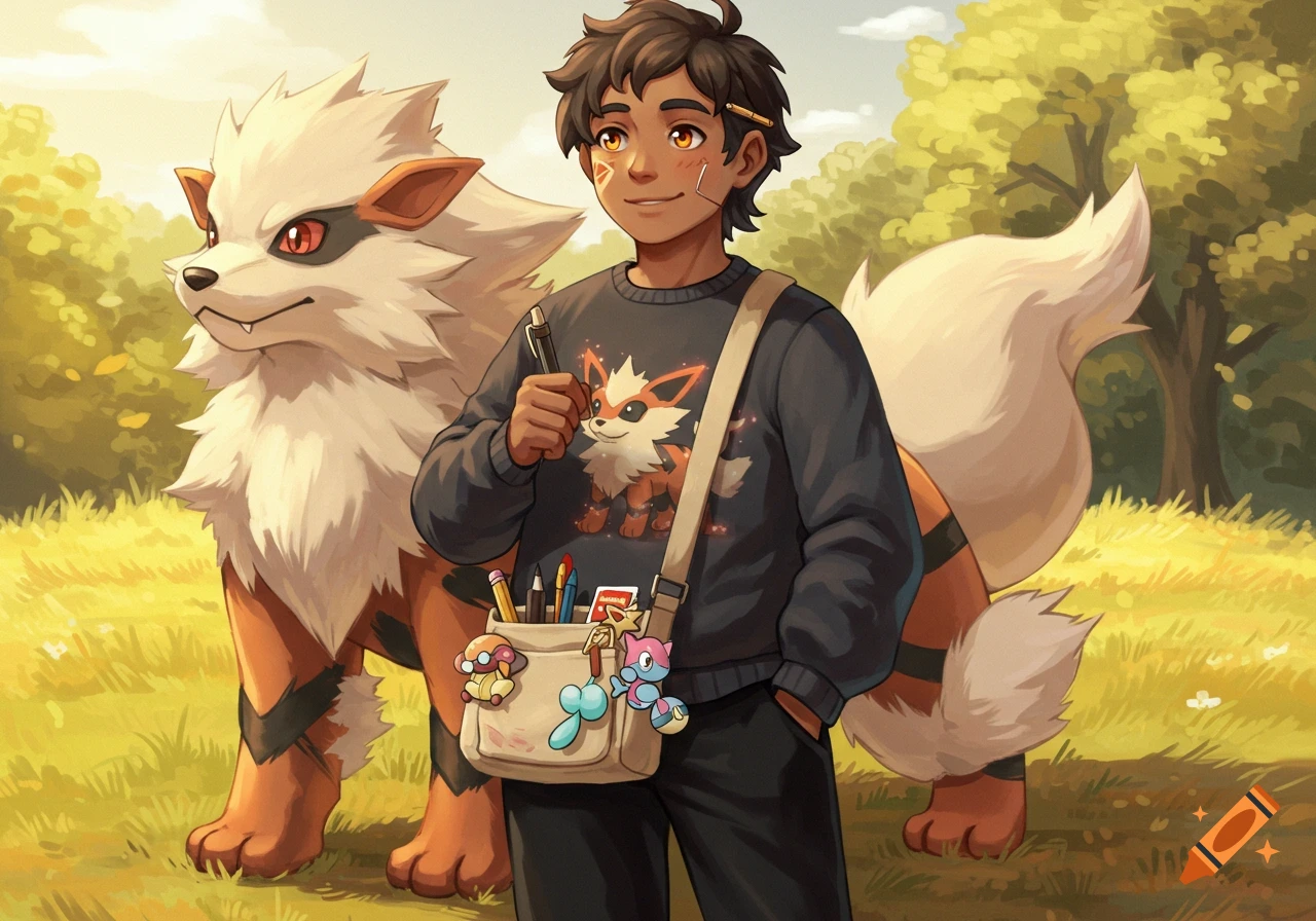 An anime-style male trainer stands with a powerful Arcanine in a grassy outdoor setting.