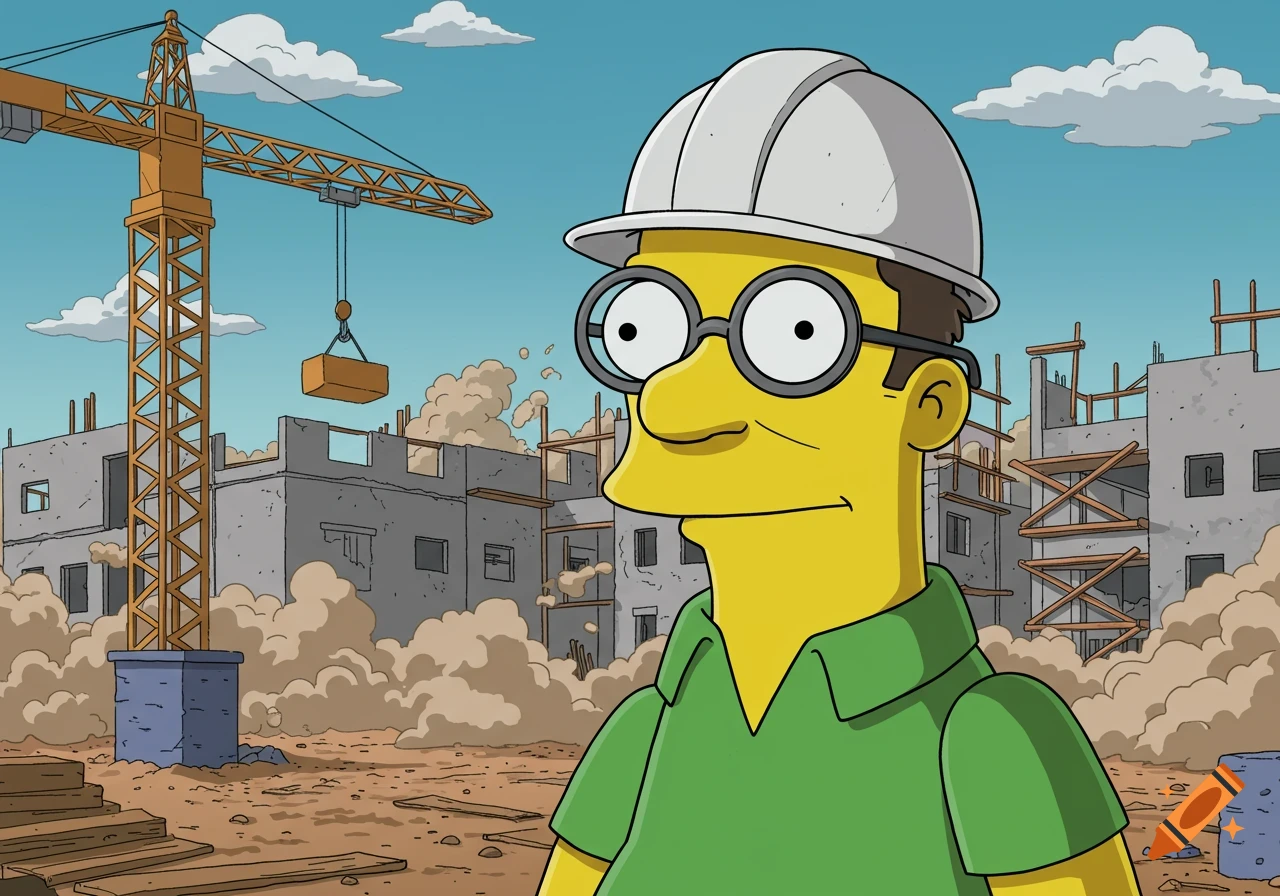 A Simpsons-style yellow-skinned character in a white hard hat, round glasses, and green polo shirt, stands at a construction site with a crane.