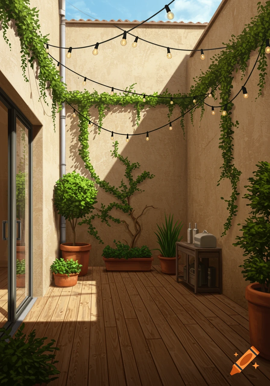 A stylized L-shaped courtyard with beige walls, climbing vines, potted plants, wooden deck, string lights, and sunlight.