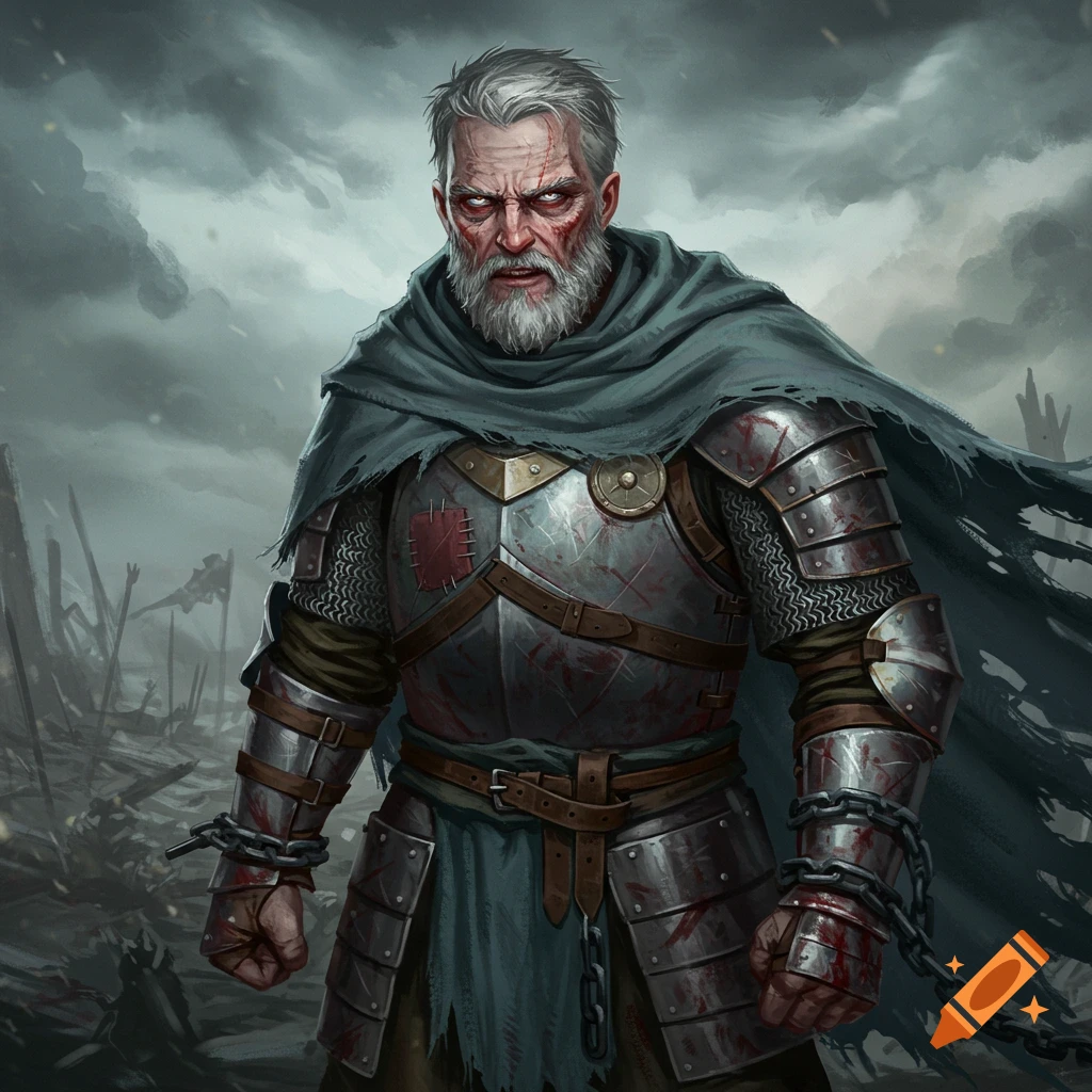 A battle-scarred paladin with a grey beard and glowing red eyes, wearing dented armor, torn cloak, and chains, standing on a ruined battlefield.