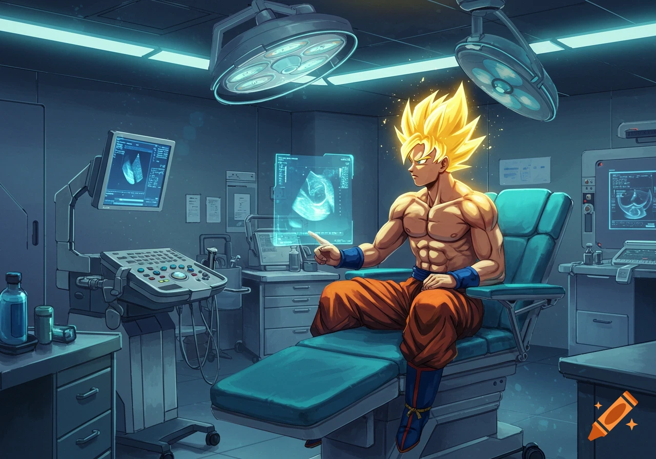 Goku as a Super Saiyan sits shirtless on a medical examination table, pointing at a holographic ultrasound screen in a futuristic medical room.