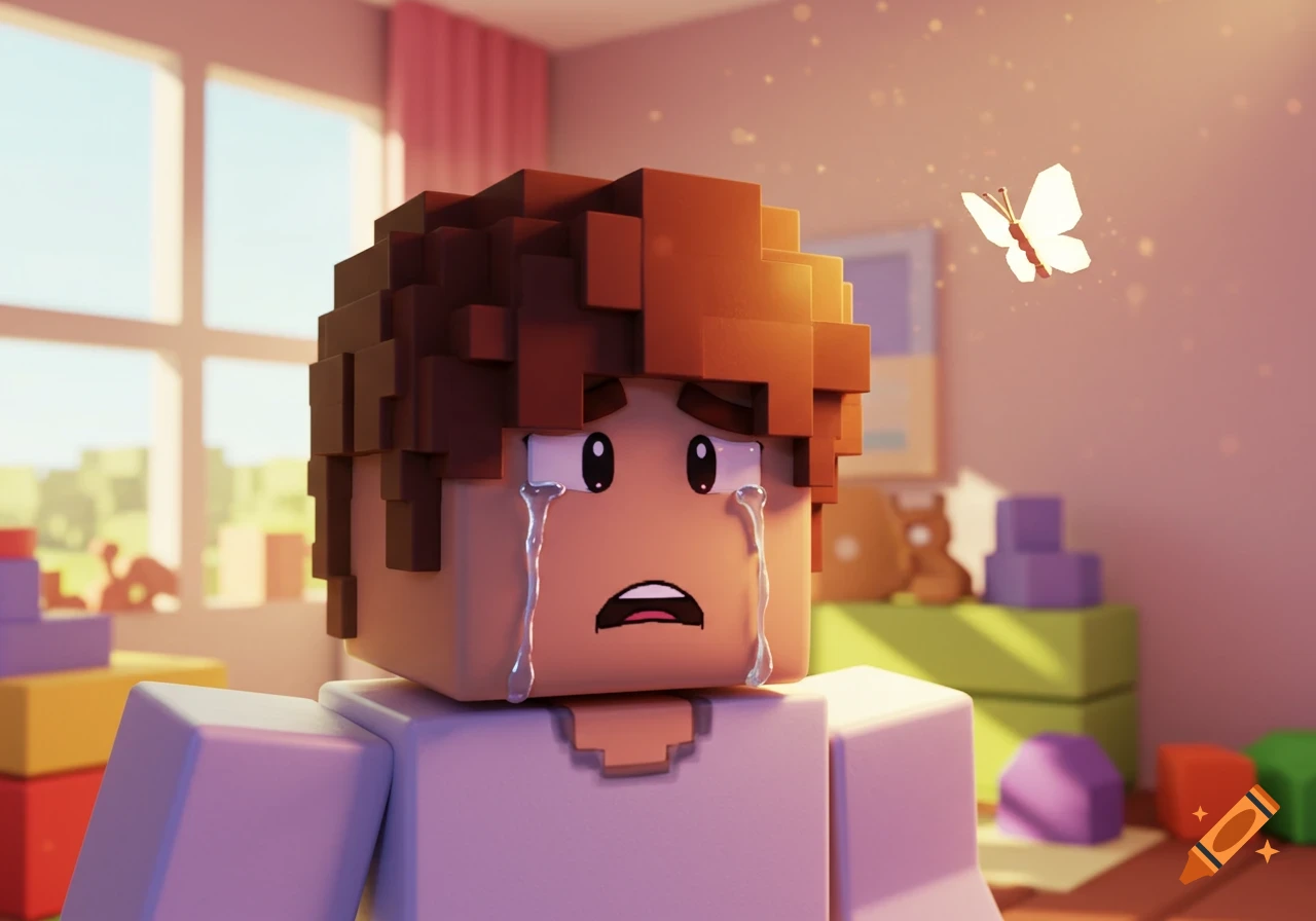 A crying blocky-style kid, reminiscent of Roblox, with tears streaming down his face, looks up at a glowing butterfly in a sunlit room.