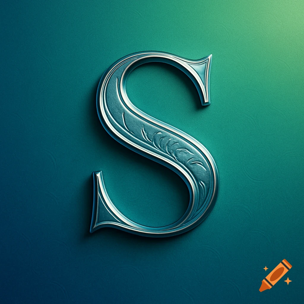 Ornate metallic silver letter S on a gradient teal and green background.