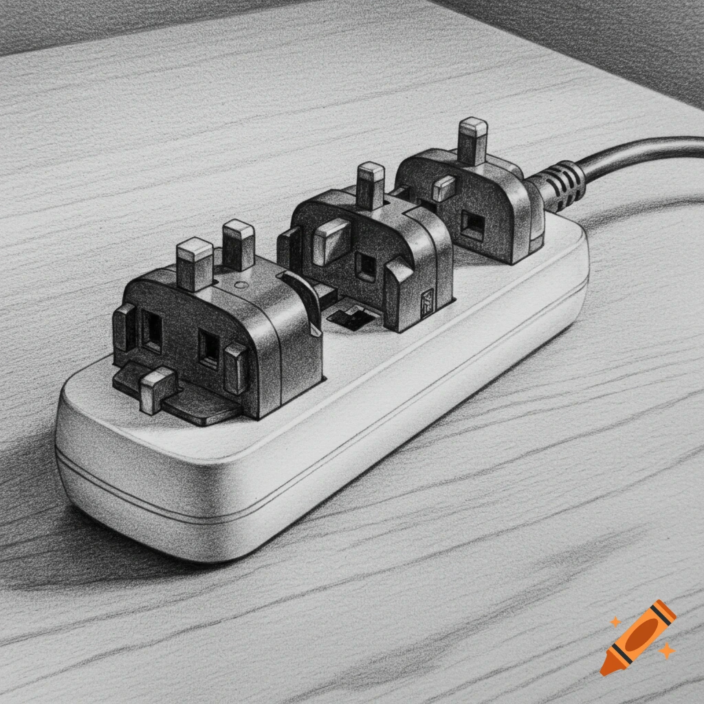 A grayscale sketch of three UK electrical plugs inserted into a power strip on a wooden surface.