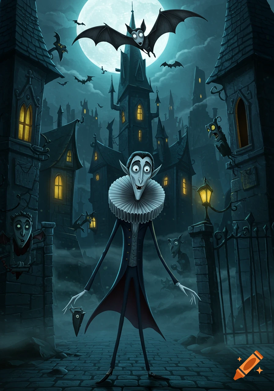 A whimsical, cartoonish vampire with a theatrical collar stands on a cobbled street in a dark, moonlit gothic city with flying bats.