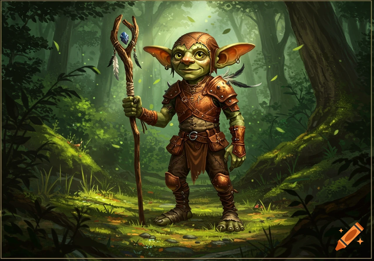A green-skinned goblin in leather armor and a pointy hat holds a crystal-topped staff, standing in a vibrant, mossy forest.