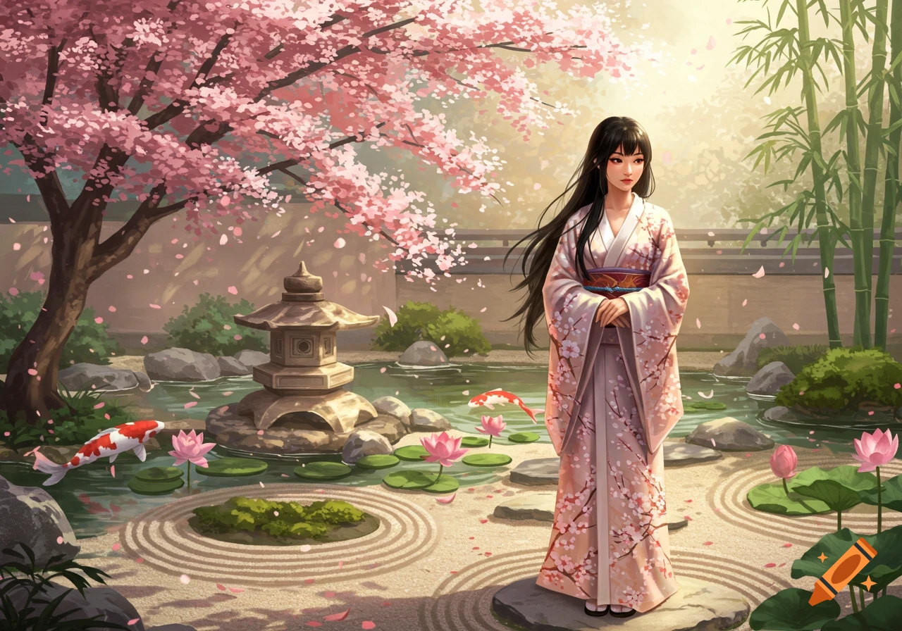 An anime-style young woman in a kimono stands in a Japanese garden with cherry blossoms, a koi pond, and a stone lantern.
