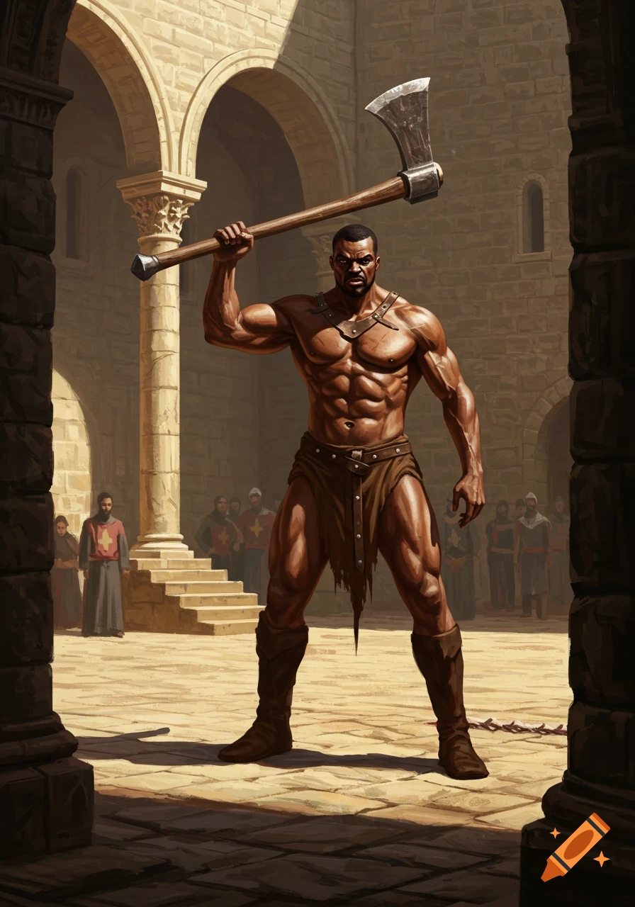 A muscular, shirtless medieval executioner raises a large axe in a stone courtyard with onlookers looking on.